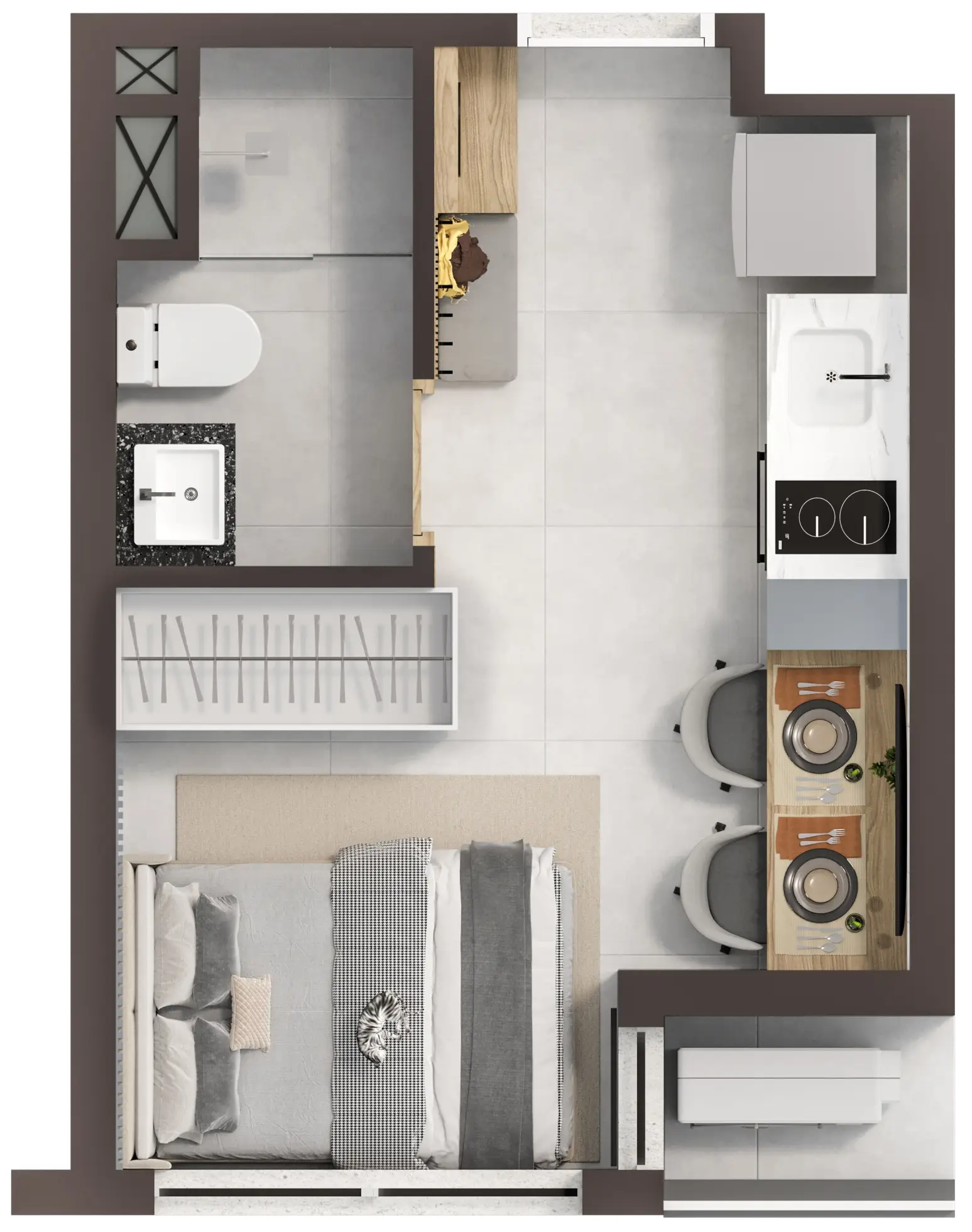 Planta ilustrativa do Studio Inteligente de 17,37m²