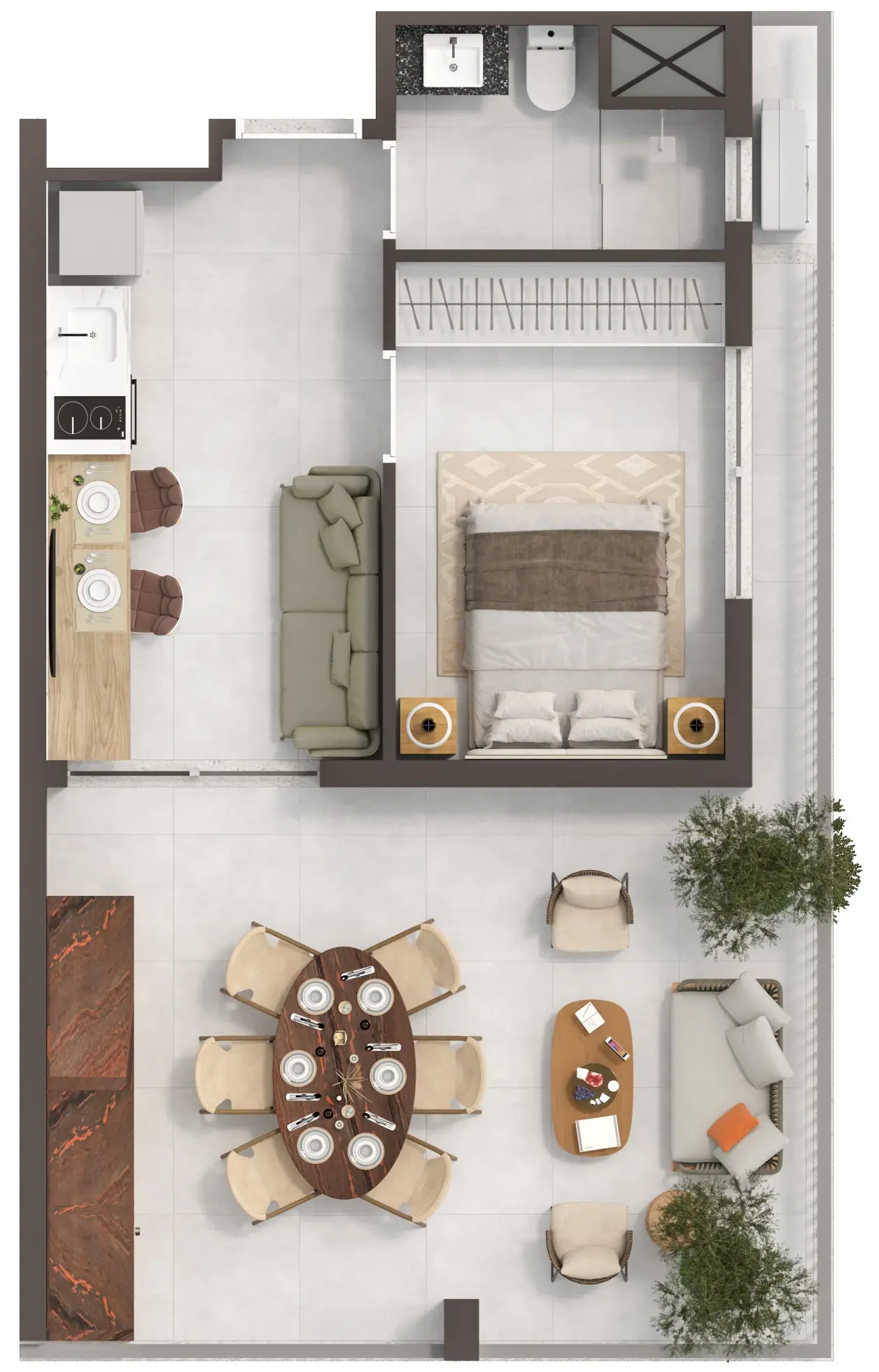 Planta ilustrativa de 1 dormitório de 51.92m²